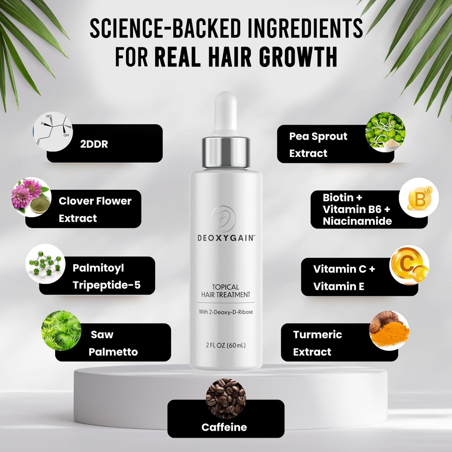 Topical Hair Treatment by Deoxygain - Advanced Hair Growth Formula with 2DDR to Stimulate Follicles Block DHT & Support Hair Regrowth Thicker Fuller Hair Scalp Coverage for Men and Women - 2 fl oz