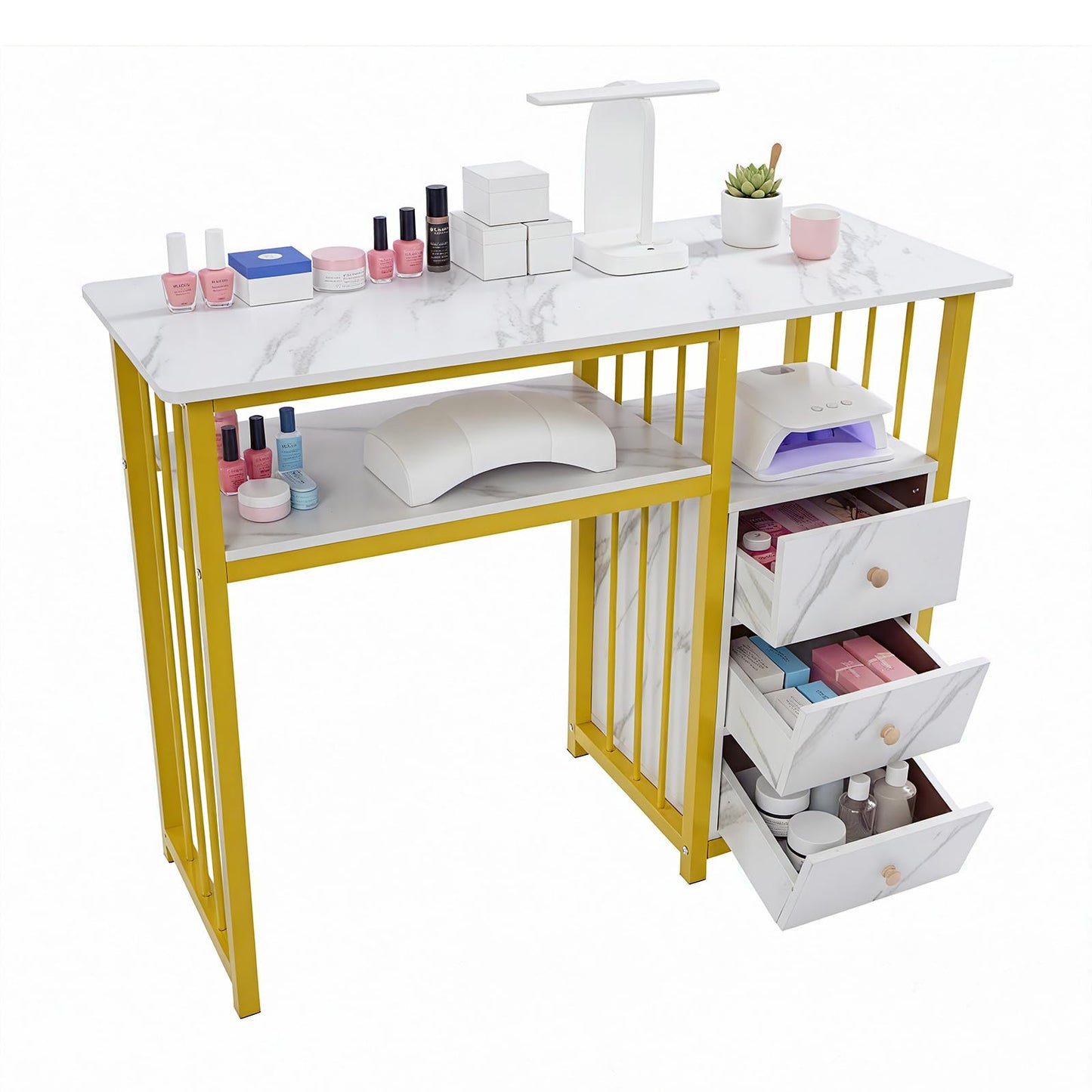 kangten Manicure Table for Nail Tech, Golden & Marbling Texture Nail Station with 3 Storage Drawers and Shelf, Nail Table with Metal Frame for Beauty Home Salon Spa