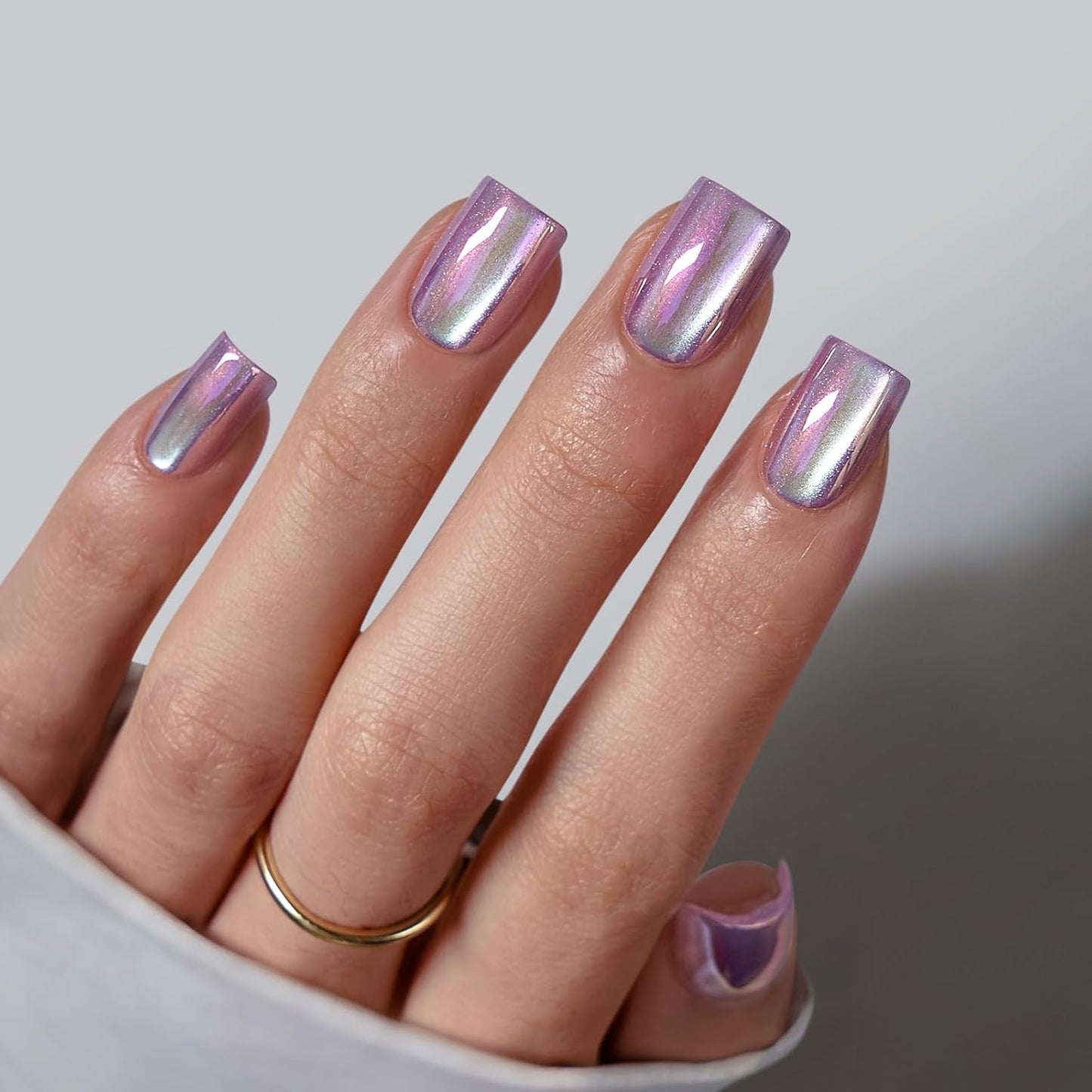 French Tip Press On Nails - Chrome Short Almond Design | Semi-Transparent Soft Gel, 16 Sizes, 32 Piece Kit