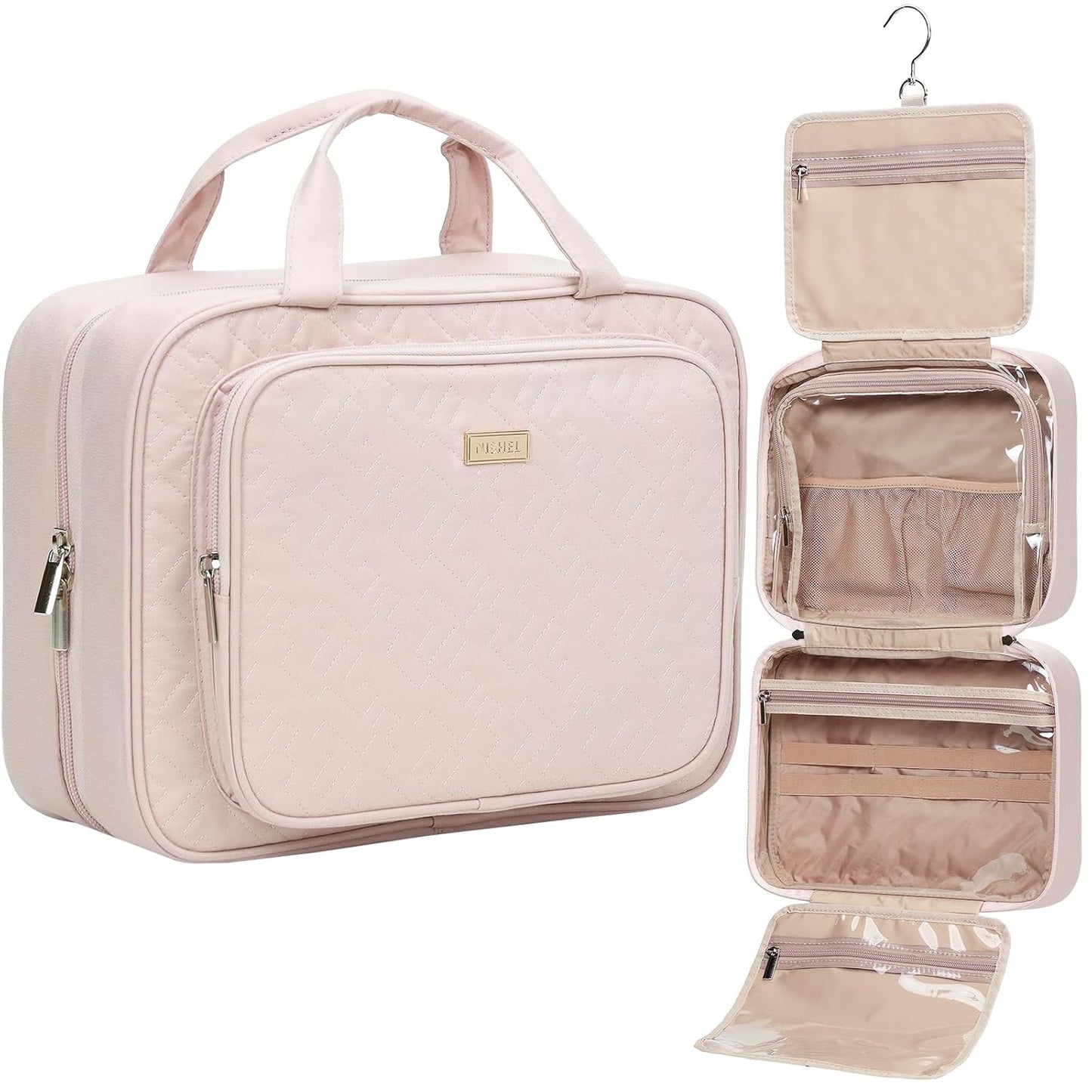 NISHEL Travel Toiletry Bag - Large Pink Makeup Organizer | Hanging Case for Accessories & Cosmetics