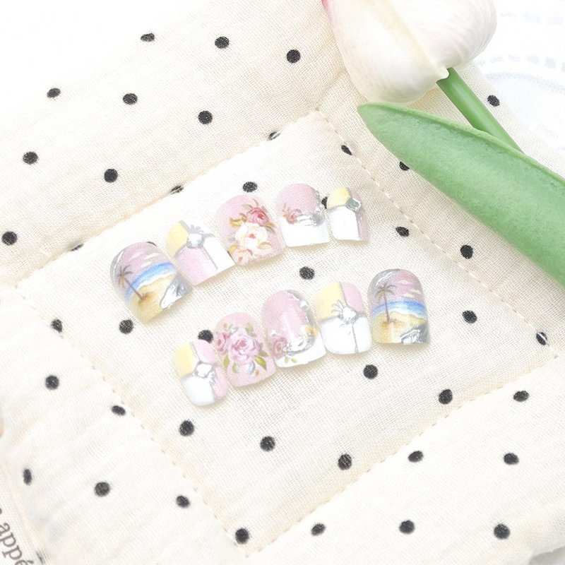 24Pcs Summer Beach Press-On Nails - Short Square White French Tips with Coconut Trees & Rhinestones | Full Cover Glitter Designs