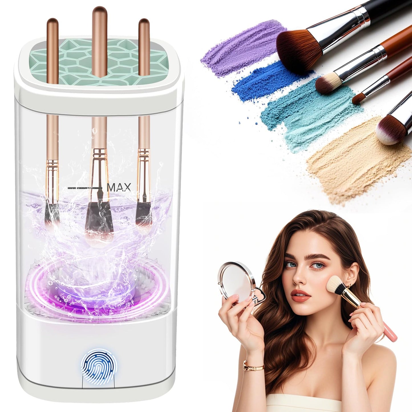 Makeup Brush Cleaner, Multi-Functional Cosmetic Brush Cleaner, Portable Automatic Makeup Brush Cleaning Solution with Dryer-Holder Makeup Brushes, Blush Brushes, and Sponges