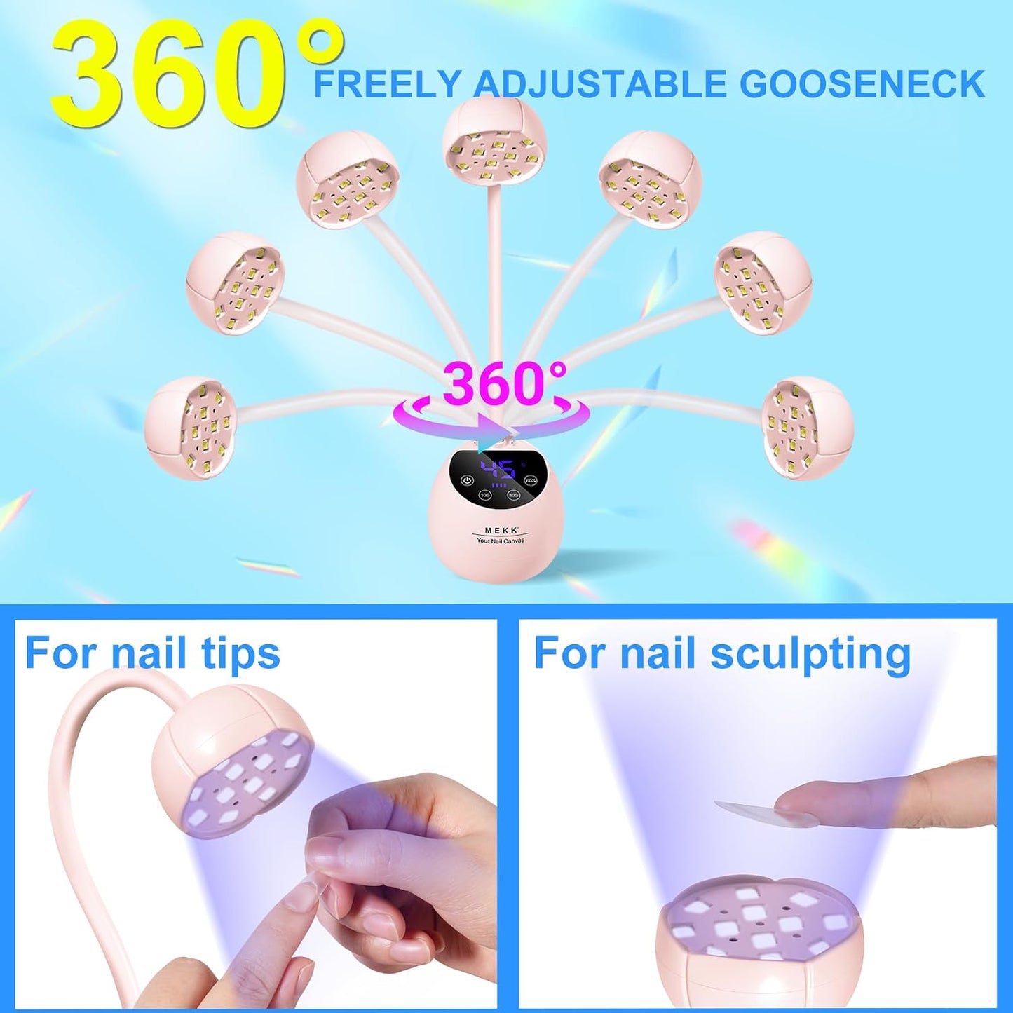 Gooseneck UV LED Nail Lamp - 36W Cordless Mini Light for Gel Nails | Auto Sensor, 4 Timers, Pink Flower Design