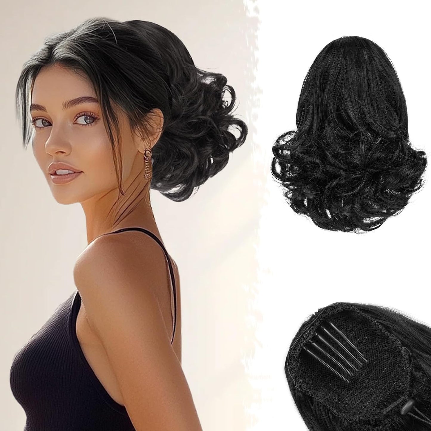 Dark Brown Ponytail Extension - 10 Inch Wavy Drawstring Hairpiece for Women | Synthetic Clip-In Ponytail