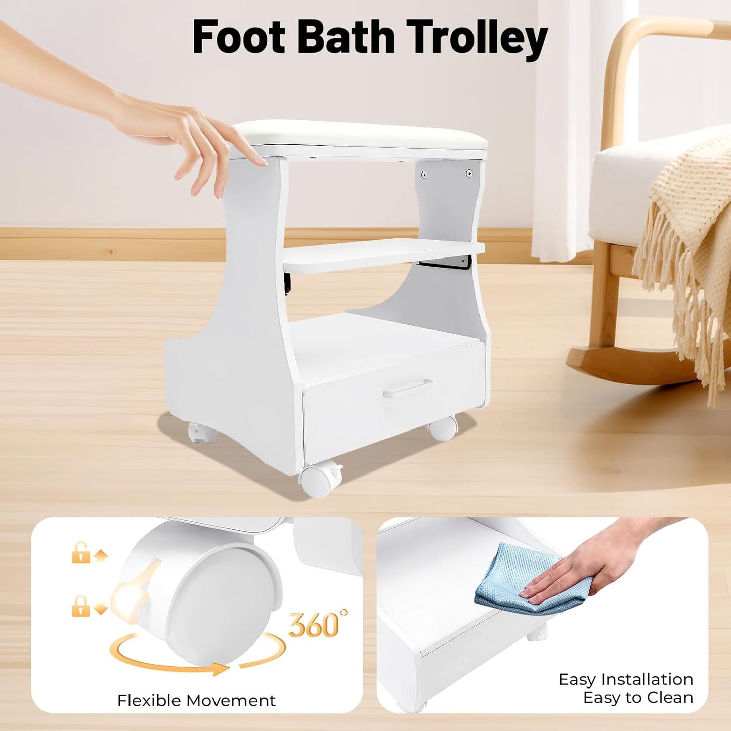 Pedicure Foot Rest Trolley - Rolling Foot Bath Stool with Wheels | 44.09 lbs Capacity