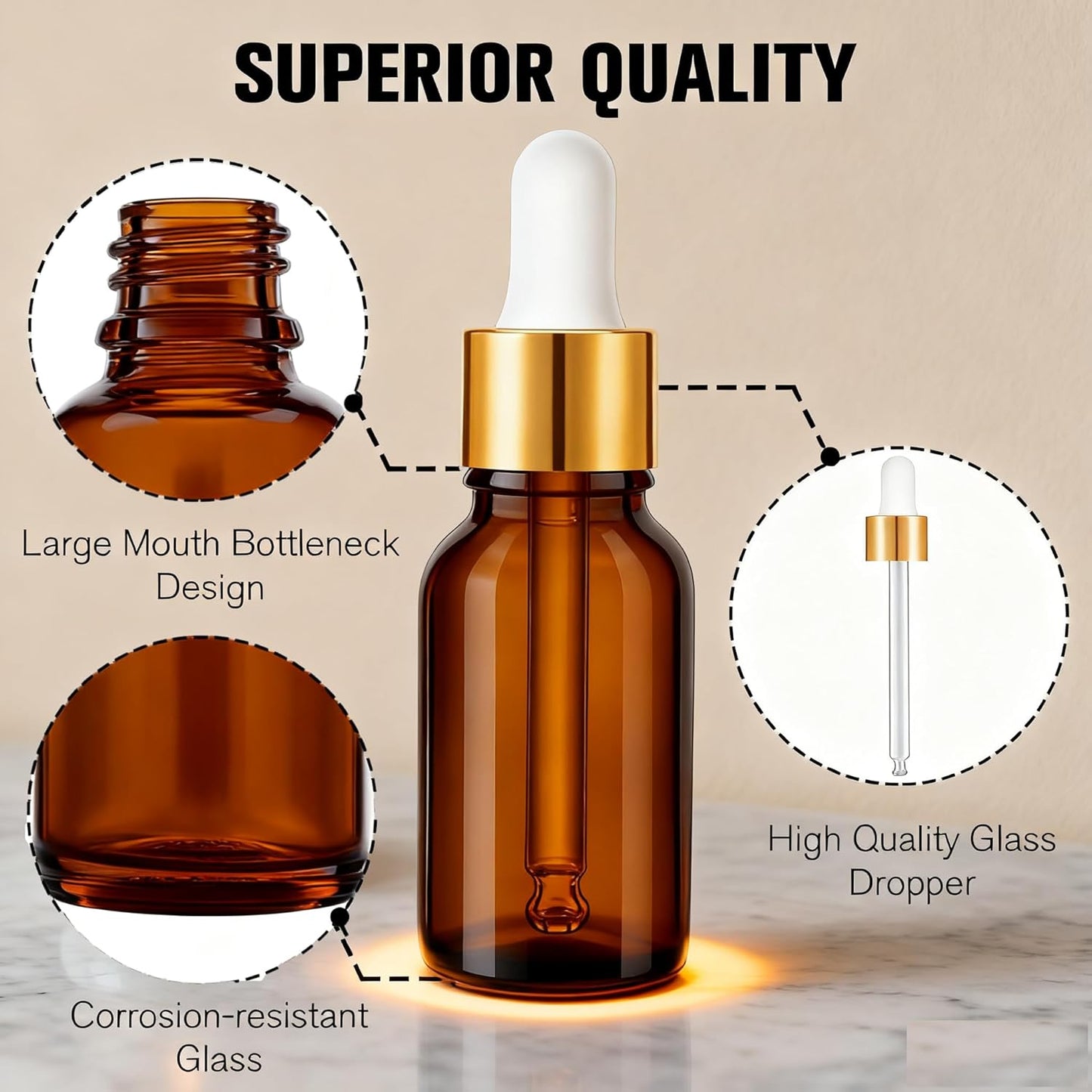 Glass Eye Dropper Bottles - 24 Pack 0.5oz Amber Leakproof Bottles with Golden Caps | Perfect for Essential Oils, Tinctures, Travel