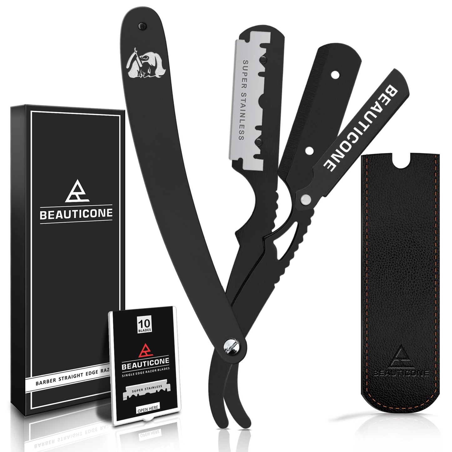 BEAUTICONE Straight Razors for Men, Professional Barber Razors, Premium Straight Edge Razor, Shaving Knife, Shavette, Stainless Steel, Wooden Handle, With PU Leather Case