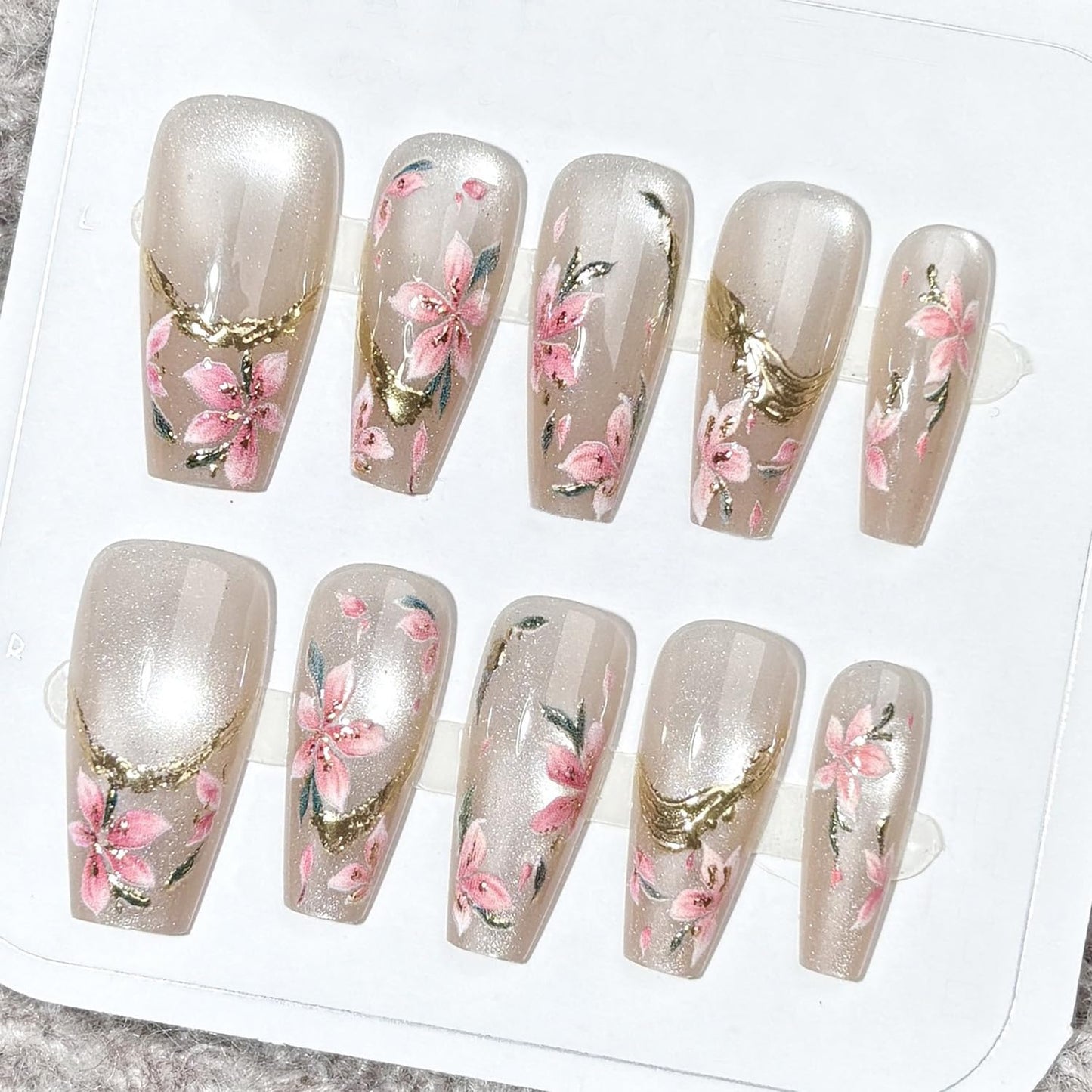 Blue Flower Press-On Nails - Medium Almond French Tip with Bow Design | Glossy Full Cover for DIY Manicure