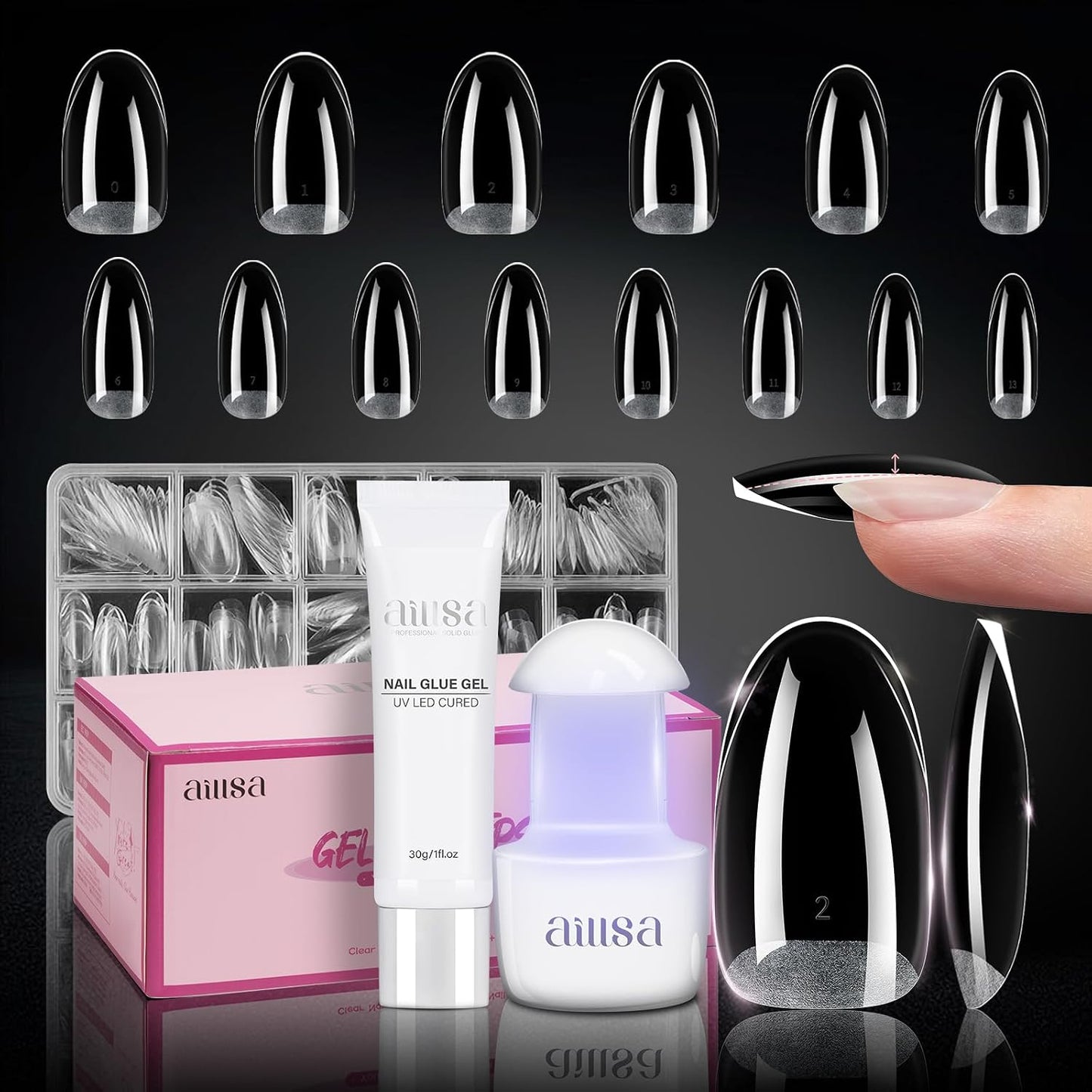 Nail Extension Kit - Medium Almond Nail Tips 224pcs | Solid Gel Glue 30g & Nail Lamp for DIY Home Salon