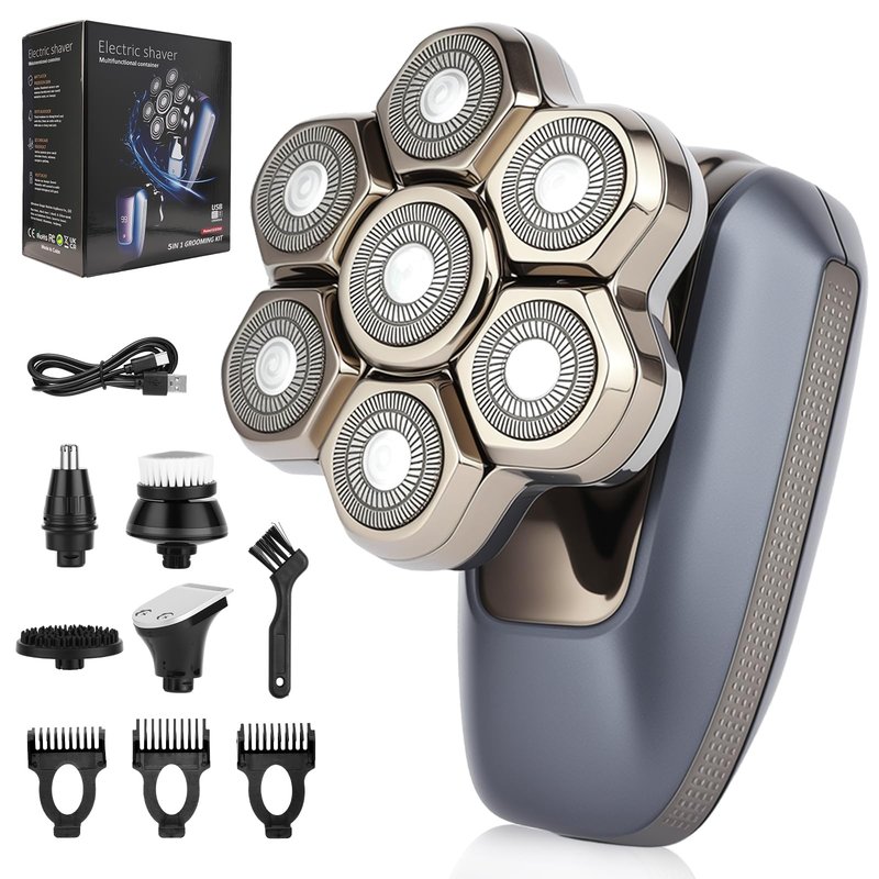 Head Shaver for Bald Men, 7D Electric Rotary Bald Head Shaver for Men, 5-in-1 Grooming Kit, USB Rechargeable Wet/Dry Shavers for Men, IPX6 Waterproof Head Shaver with LED Display