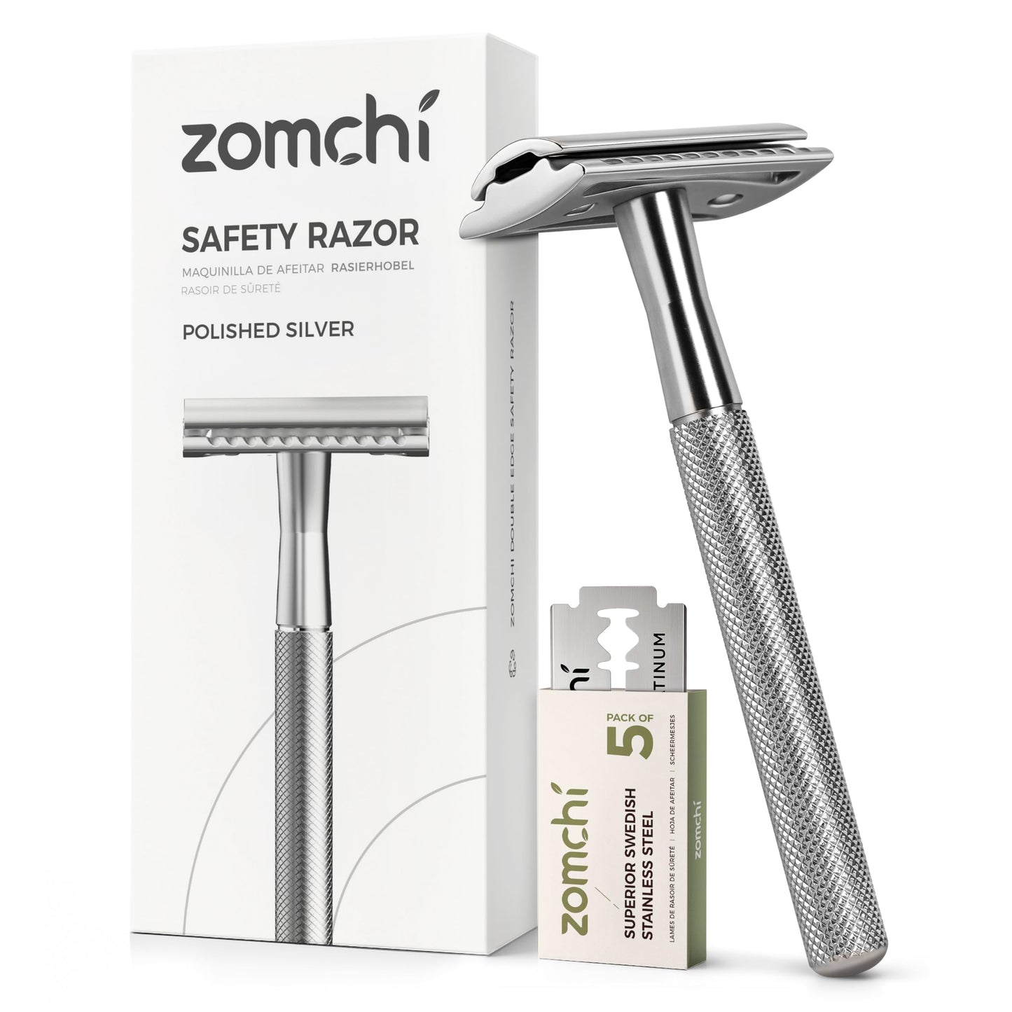 ZOMCHI Double Edge Safety Razor for Men & Women, Metal Razor with 5 Double Edge Safety Razor Blades, Silver