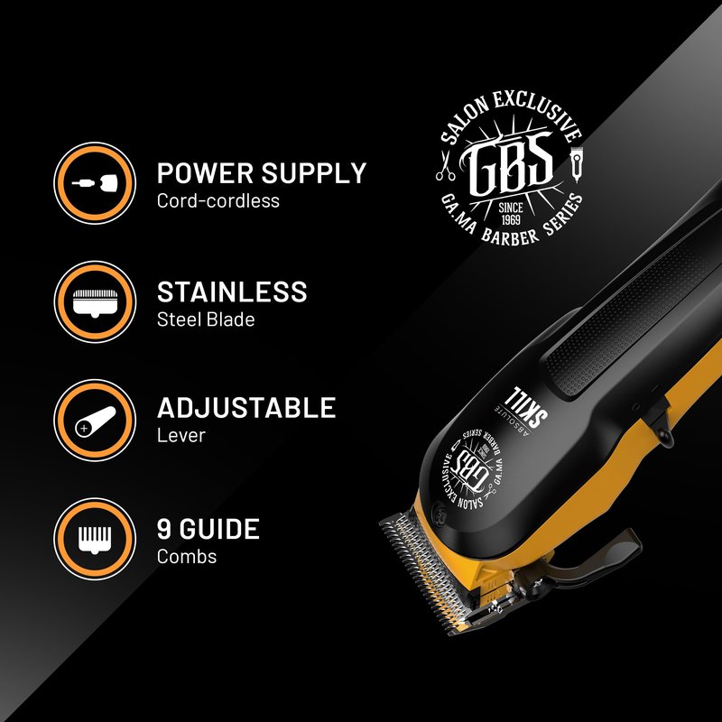 GA.MA Absolute Skill Professional Hair Clipper, Corded & Cordless, F-Wedge Blade for Fading, DLC Stainless Steel Blade, 60 Min Runtime