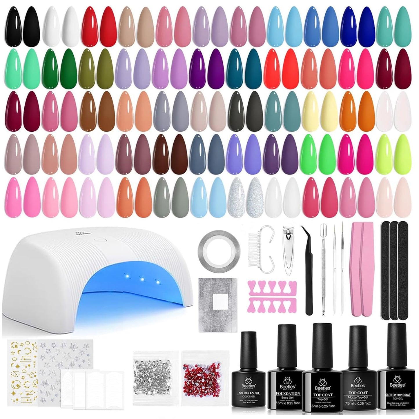 Beetles Gel Nail Polish Kit - 55 Vibrant Colors with UV Light | Complete DIY Manicure Set for Beginners