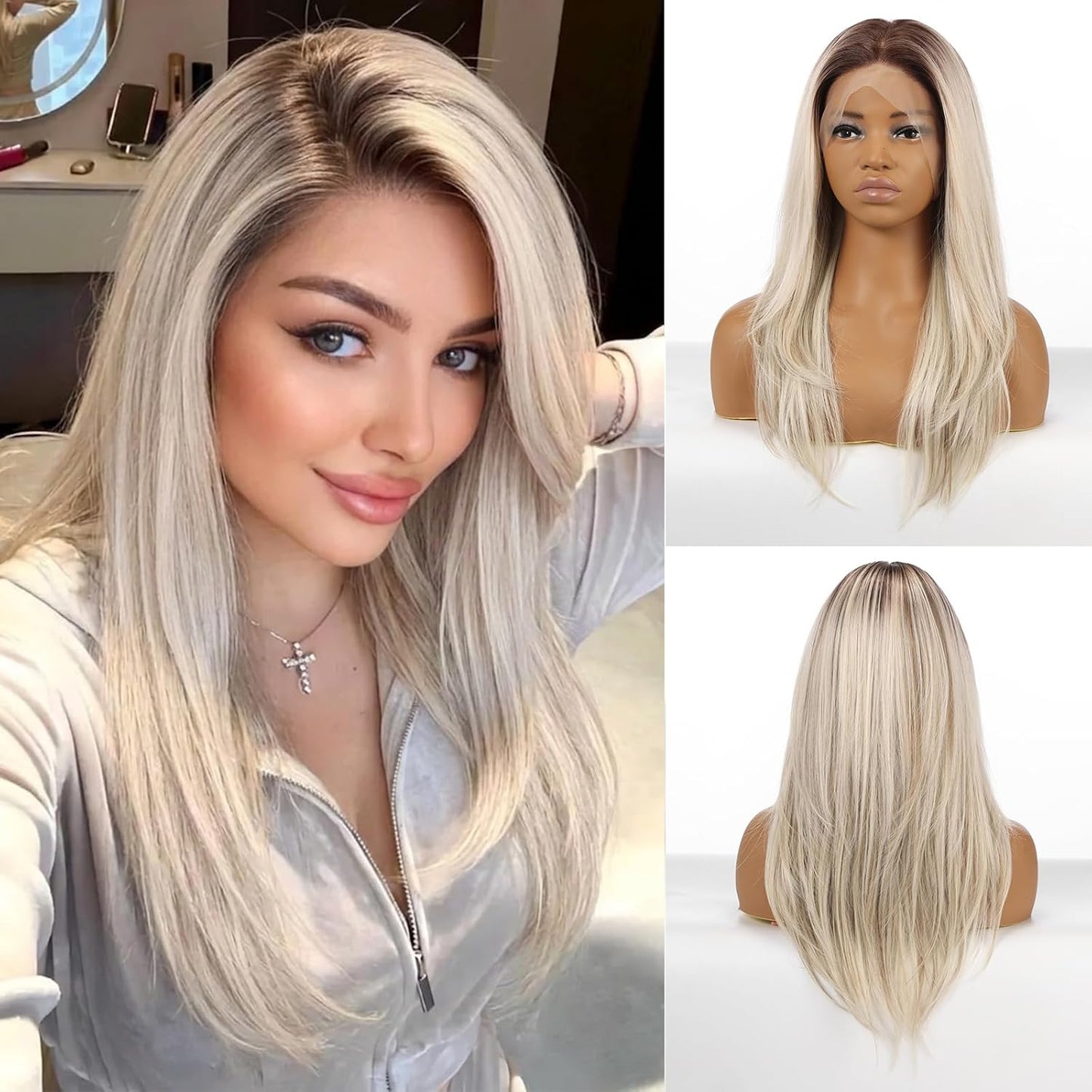 Ash Blonde Synthetic Lace Front Wig for Women - 13x4 Long Layered Hair, Natural Glueless Hairline, 20 Inch