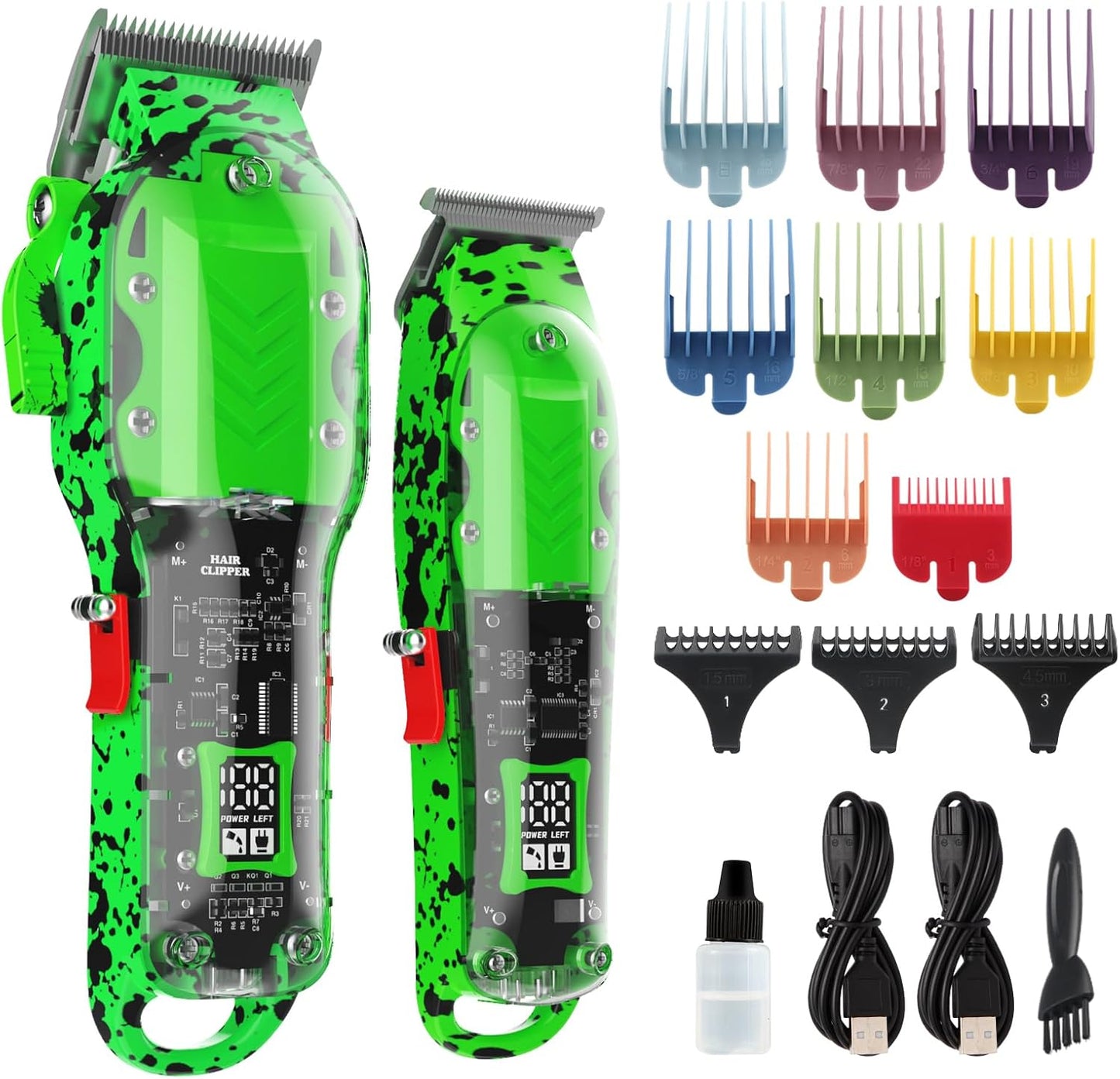 Professional Hair Clippers for Men - Cordless Barber Kit with LED Display | 8 Fade Taper Combs (Green)
