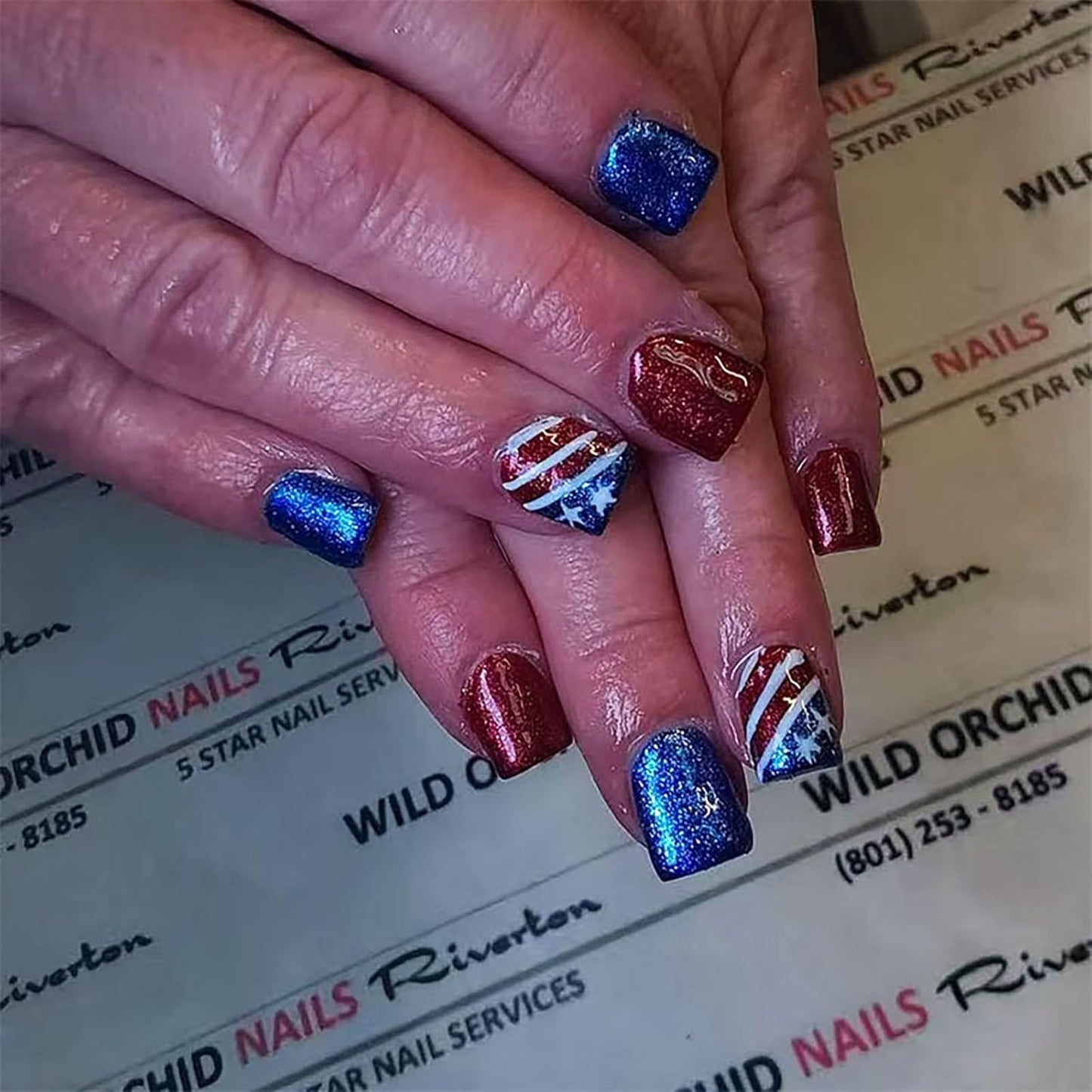 Press On Nails - Medium Square American Flag Glitter Design | 24Pcs Red, Blue & Gold 4th of July Fake Nails