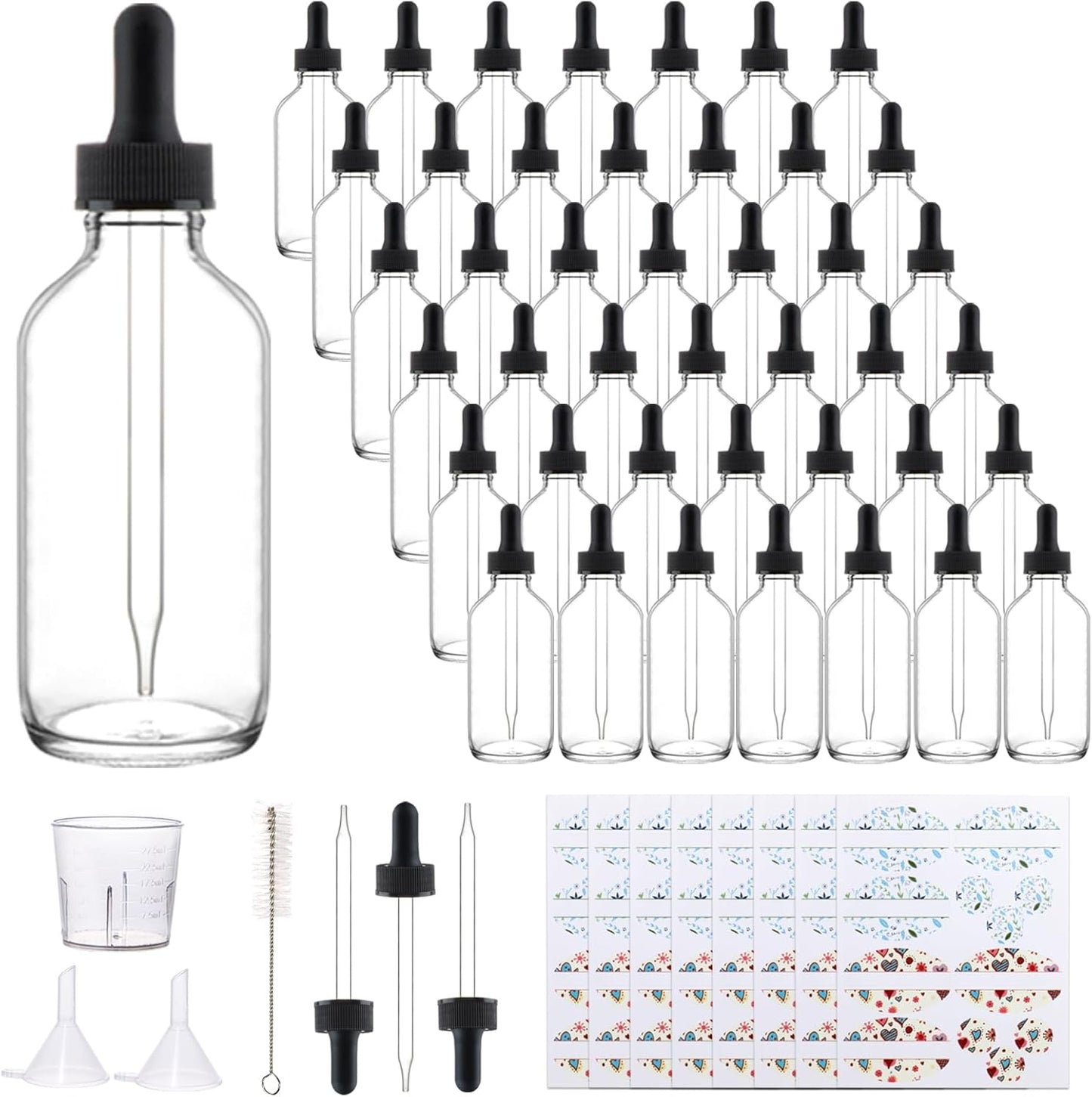 Clear Glass Bottles - 42 Pack 4oz with Eye Droppers for Essential Oils | Includes Funnels, Labels & Measuring Cup
