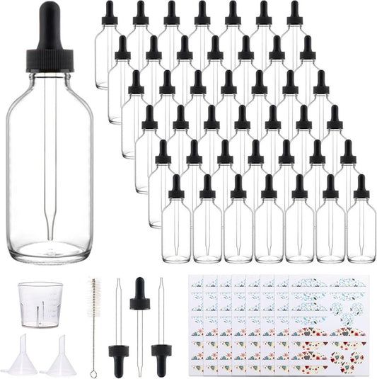 Clear Glass Bottles - 42 Pack 4oz with Eye Droppers for Essential Oils | Includes Funnels, Labels & Measuring Cup