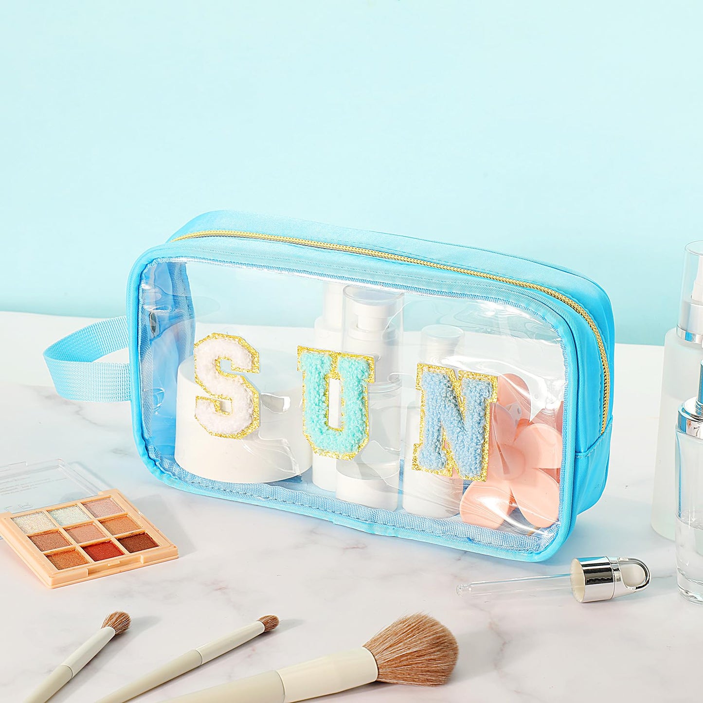Kacctyen Letter Clear Makeup Bags Sun Pouch Blue Preppy Patch Clear Travel Bag with Zipper Chenille Nylon Cosmetics Waterproof Sandproof Bags Toiletry Storage Snack Sunscreen Pouch for Women