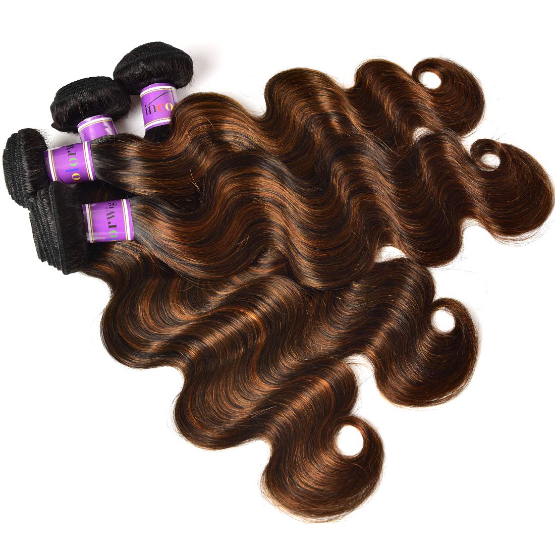 UNice Brown Highlight Body Wave Human Hair Weave 3 Bundles 14 16 18 inch, Brazilian Remy Hair Ombre Blonde Human Hair Wavy Weaves Sew in Piano Color TFB30