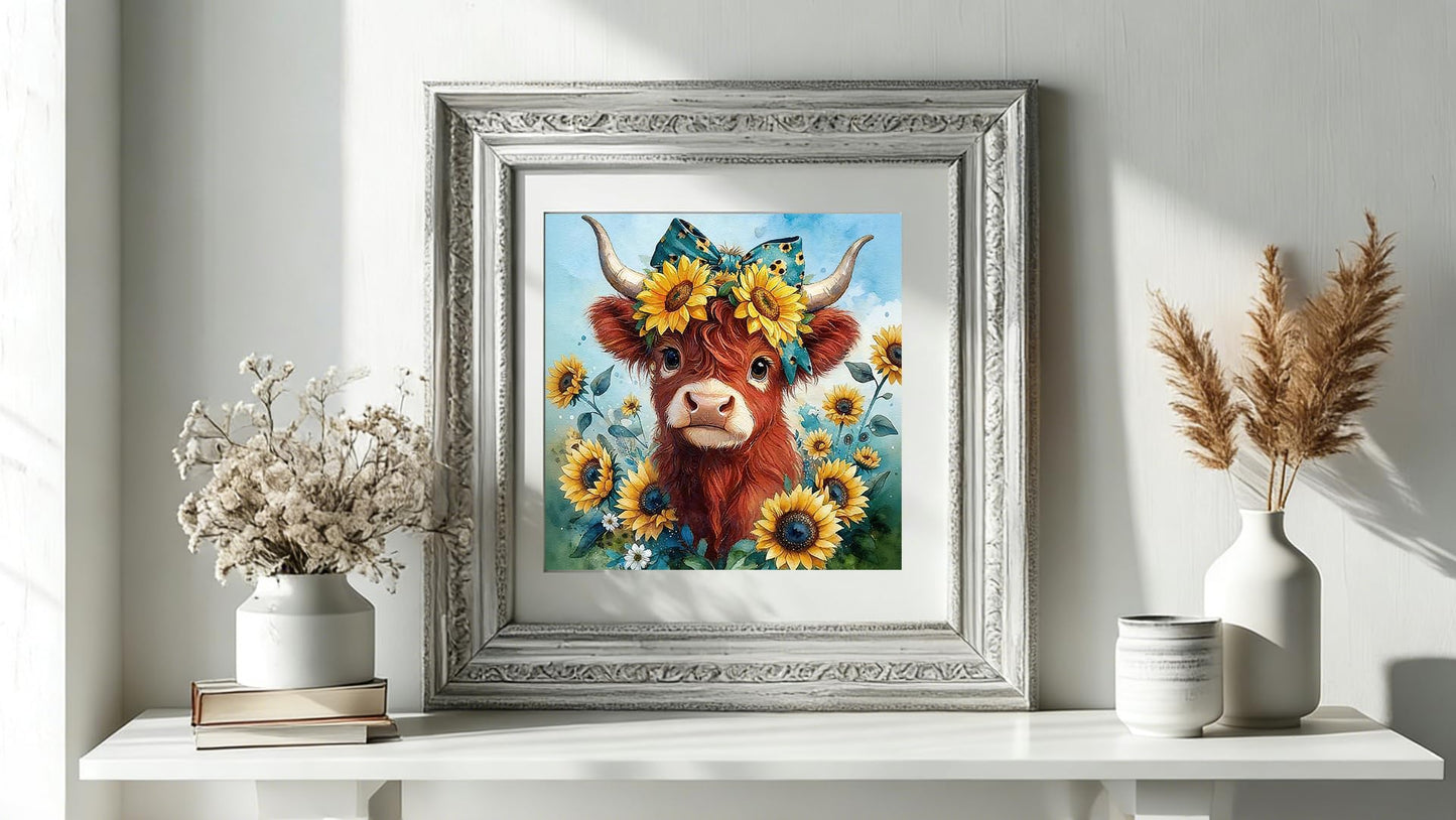 Gikboup 5D Diamond Painting Kits for Adults Beginners, Highland Cow Diamond Art Kit with Floral Bow, Full Round Drill Cute Farmhouse DIY Gem Painting for Home Wall Decor 13.7 x 13.7 Inch
