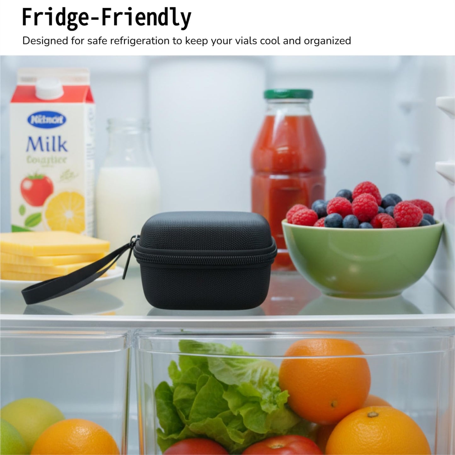 ZyCooom Peptide Case Insulin Vial Holder 16 Slots, Peptide Travel Storage for 1-3ml Vials and Essential Oils For Fridge With Zipper Mesh Pocket and Hand Strap for Diabetic Supplies Kits -Black