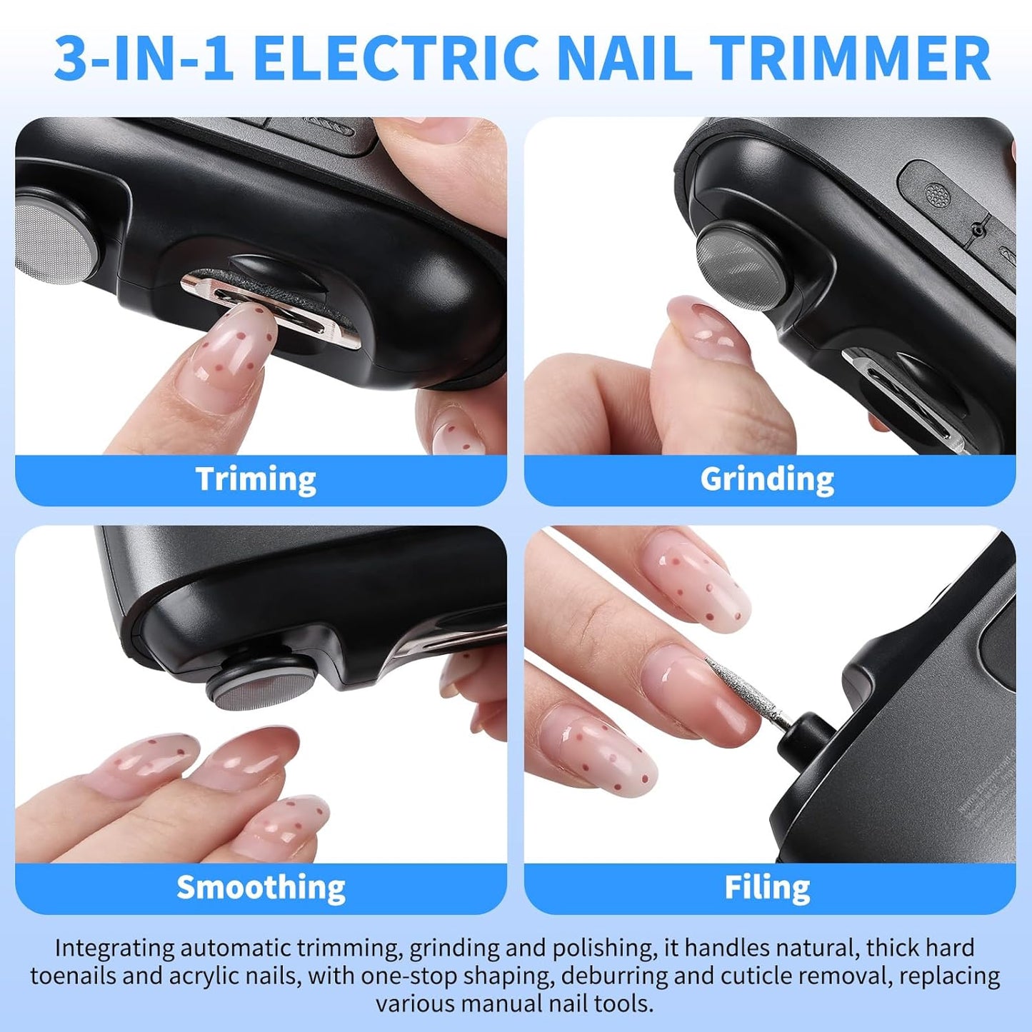 3-in-1 Electric Nail Clipper - Safe Auto Trimmer with LED & USB-C | Whisper-Quiet, Mess-Free Nail Care for Seniors & Kids (Black)