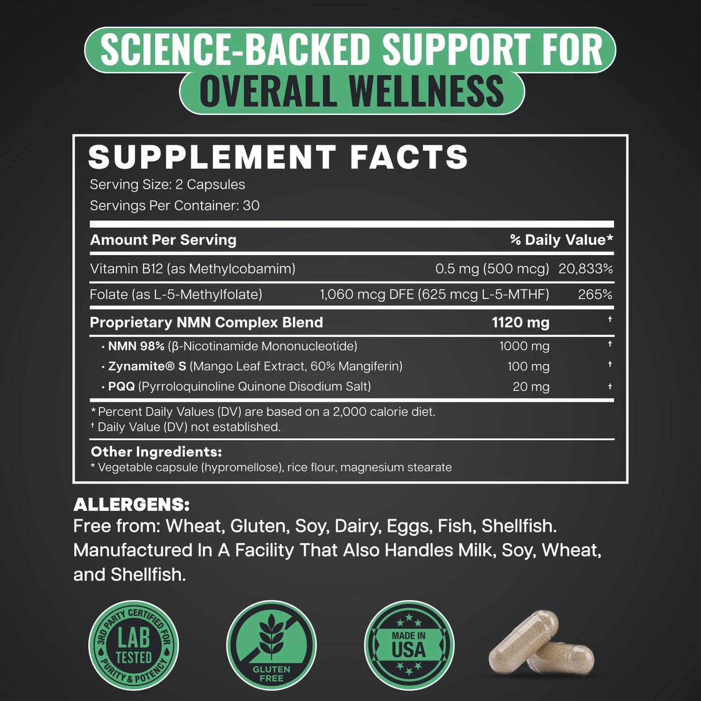 Benevolent Advanced NMN Supplement 1000mg (98% Purity) – 5-in-1 NMN Longevity Matrix with Zynamite® & PQQ for Increased NAD+ Levels, Cellular Energy, Cognitive & Healthy Aging – 60 Vegan Capsules