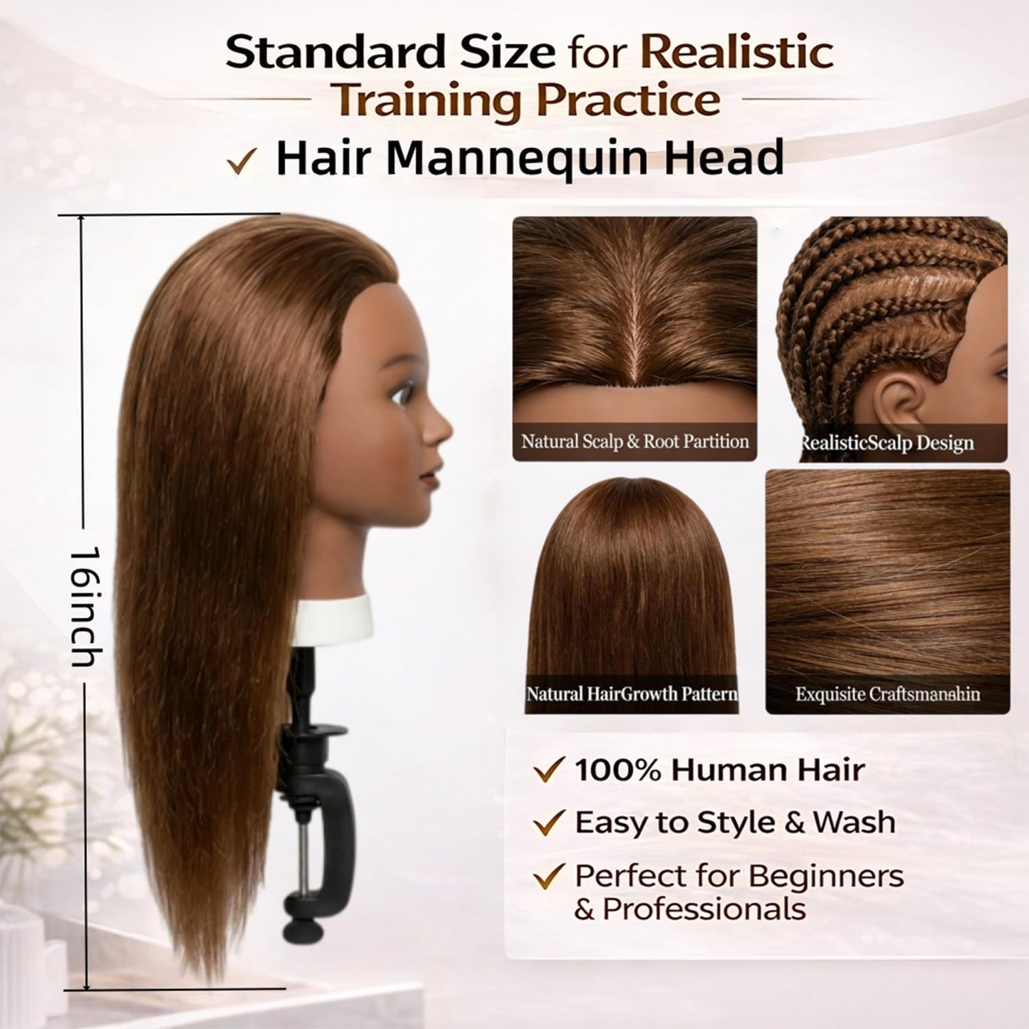 Mannequin Head Human Hair 16 Inch, 100% Real Human Hair Cosmetology Mannequin Head with Clamp Stand, Professional Hair Manikin Doll Head for Braiding, Styling & Hairdresser Training (Brown-16inch)