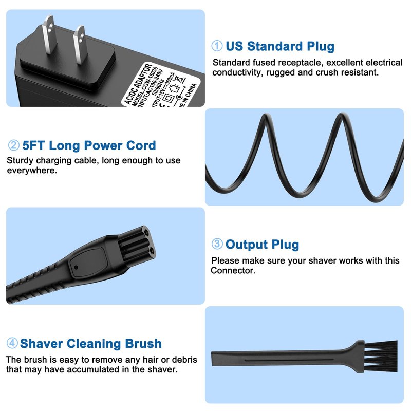 Meliya 15V Shaver Charger Comaptible with Philips Norelco HQ8505 3000 5000 6000 7000 9000 Series Multigroom MG5750 MG7750 MG7770 MG7790 QP6531 QP6510 QP6520 Trimmer Power Cord