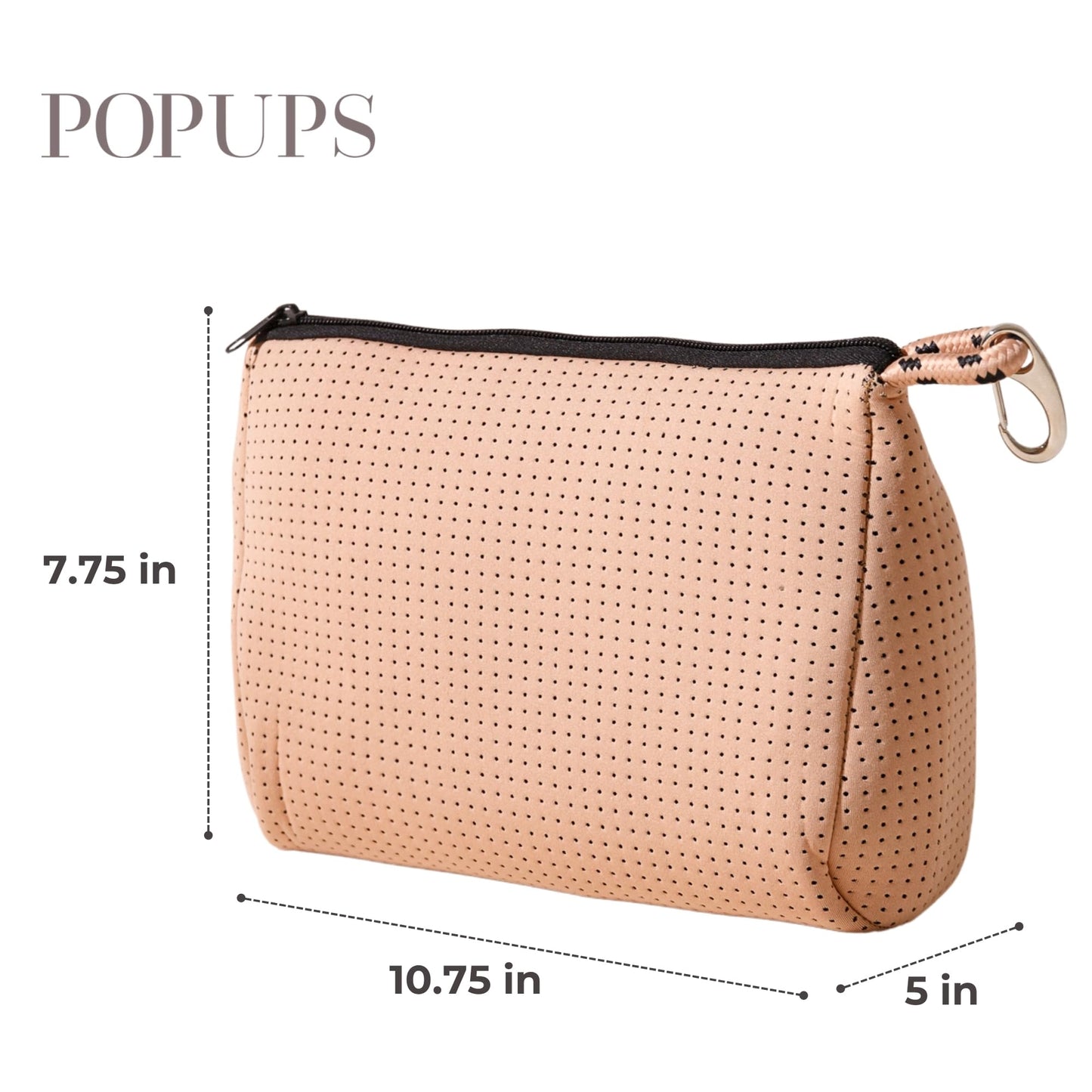 POPUPS Large Makeup Bag with Zipper, Tan - Waterproof Neoprene Cosmetic Bag 7.7 x 10.75 x 5 inches