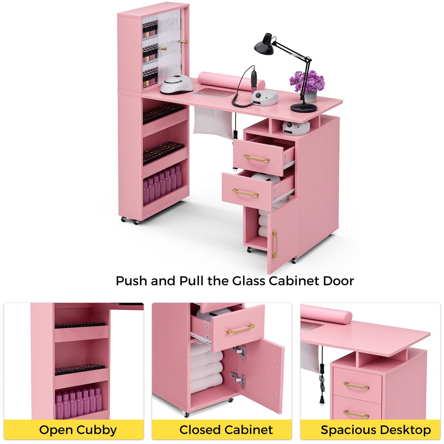 Kikihouse Manicure Table Nail Desk for Nail Tech w/Glass Door Storage Cabinets & Wrist Rest, Beauty Salon Nail Supplies Decor Workstation Acetone Resistant, with Dust Collector (Pink)