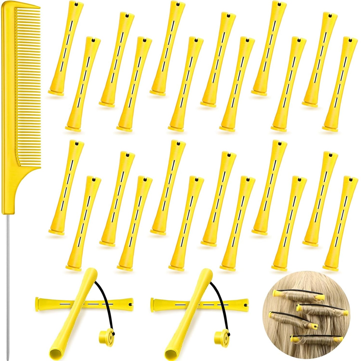 24 Pcs Hair Perm Rods - Plastic Cold Wave Curlers with Steel Pintail Comb | Yellow, 0.28 Inches
