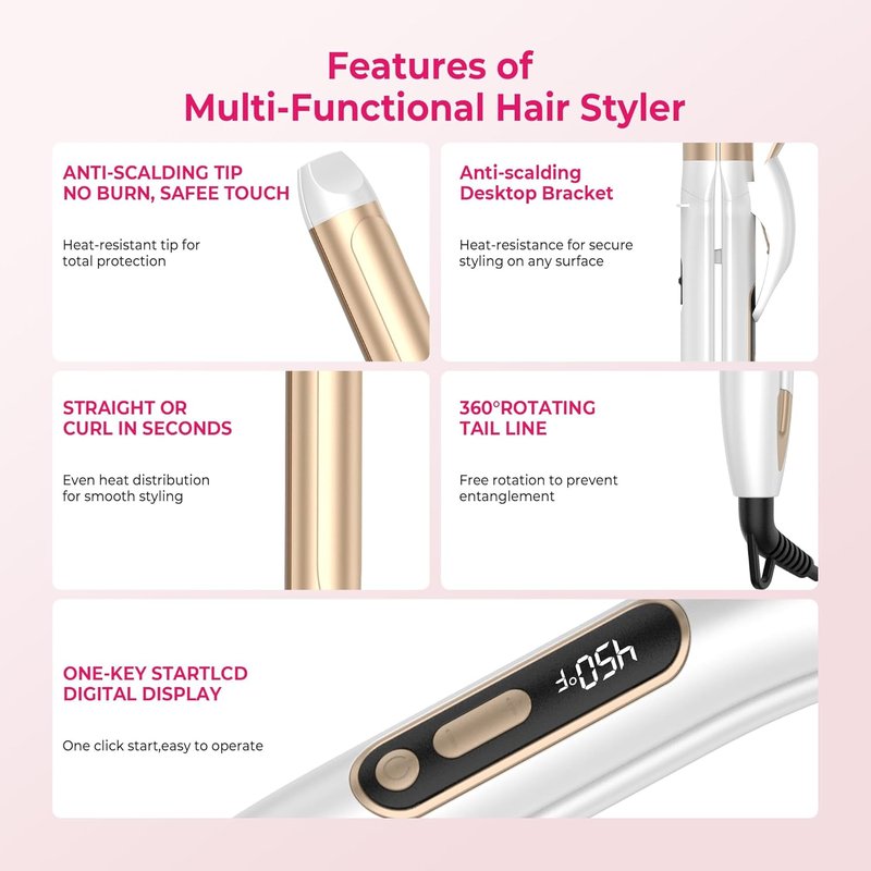 Dual Voltage Curling Iron - 2 in 1 Curling & Straightening Wand | 1.25 Inch Ceramic, Adjustable Temperature, Off-White