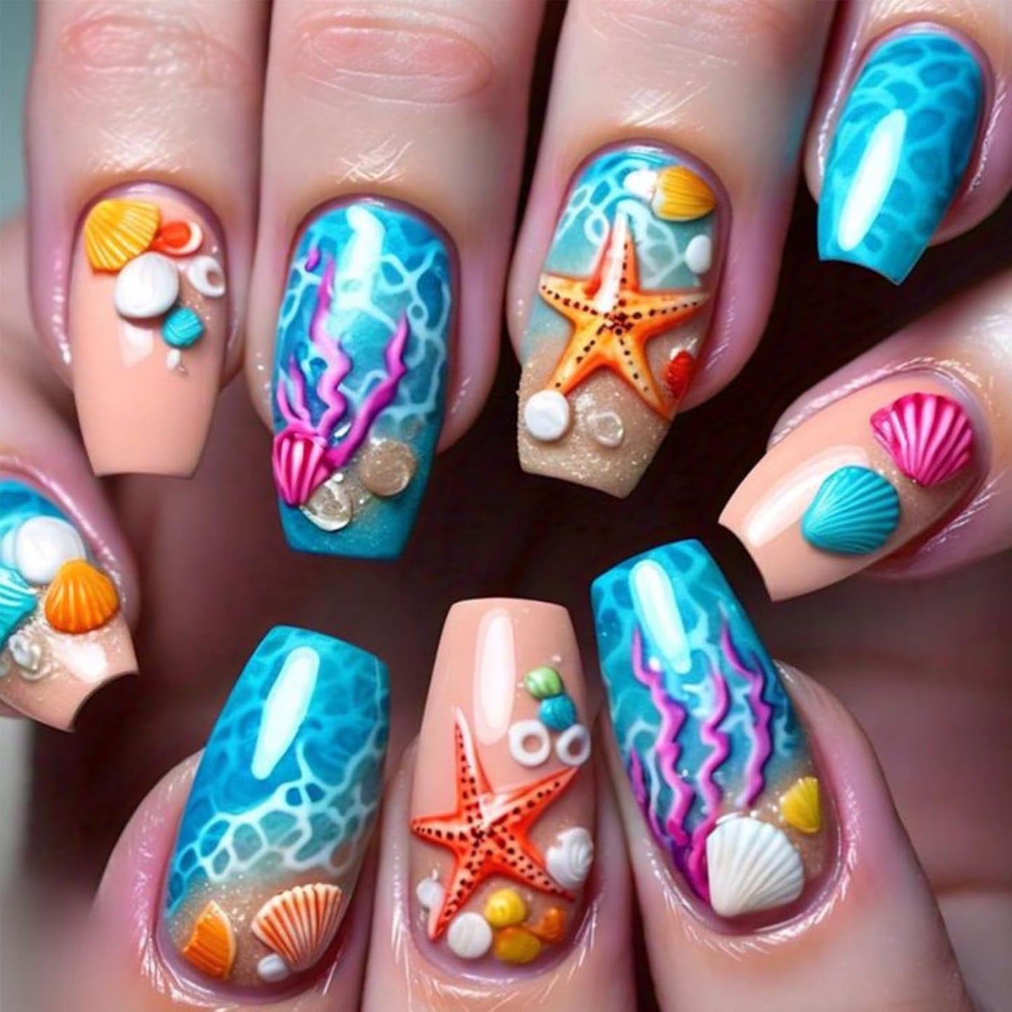 Press On Nails - Medium Square Strawberry Lemon Design | Glossy Acrylic Full Cover, 24 Pcs Reusable