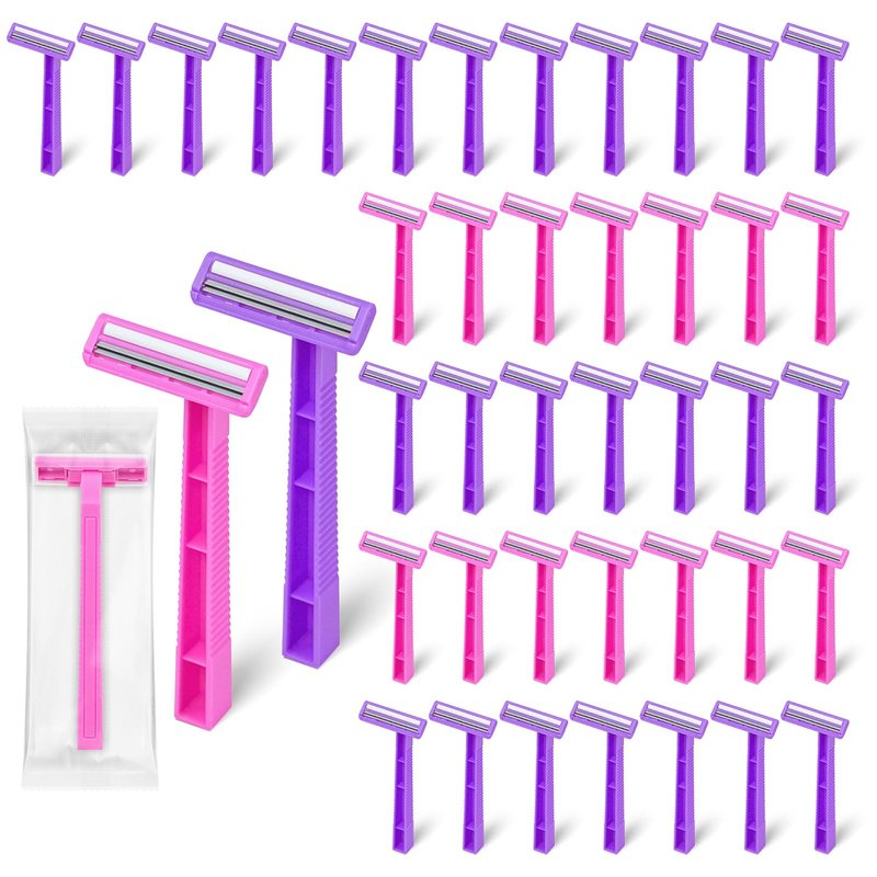 Women's Disposable Razors Individually Wrapped Twin Blade,Disposable Razors Women Bulk with Clear Safety Cap for Men Women Camping Traveling Home Bathing Hotel (pink and purple, pack of 100)