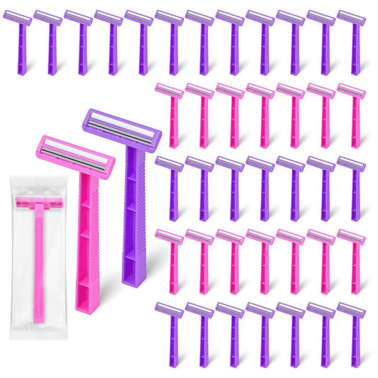 Women's Disposable Razors Individually Wrapped Twin Blade,Disposable Razors Women Bulk with Clear Safety Cap for Men Women Camping Traveling Home Bathing Hotel (pink and purple, pack of 100)