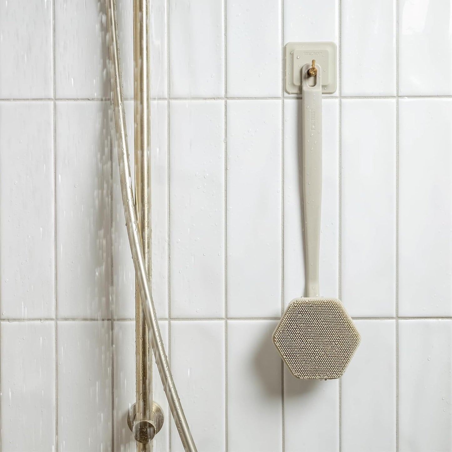Arnold Silicone Shower Hooks - Waterproof Adhesive Bathroom Organizer for Razors & Loofahs | 2 Pack - Sand Color