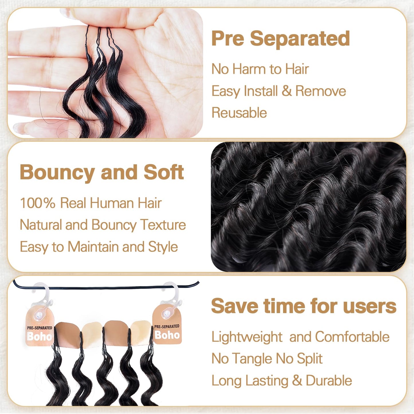 Human Crochet Hair for Black Women 16 Inch 120g Pre Separated 100 Strands Deep Wave Feather Crochet Human Hair Miracle Knots Hair Invisible Natural Look, Lightweight No Itch Boho Hair Bundles