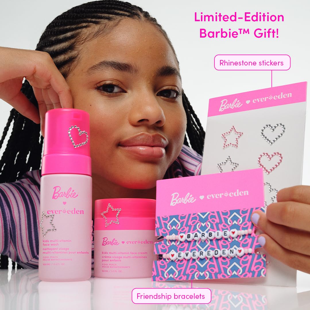 Barbie Limited Edition Kids Happy Face Duo - Multi-Vitamin Face Wash & Cream Set with Stickers | Clean Skin Care for Ages 3+