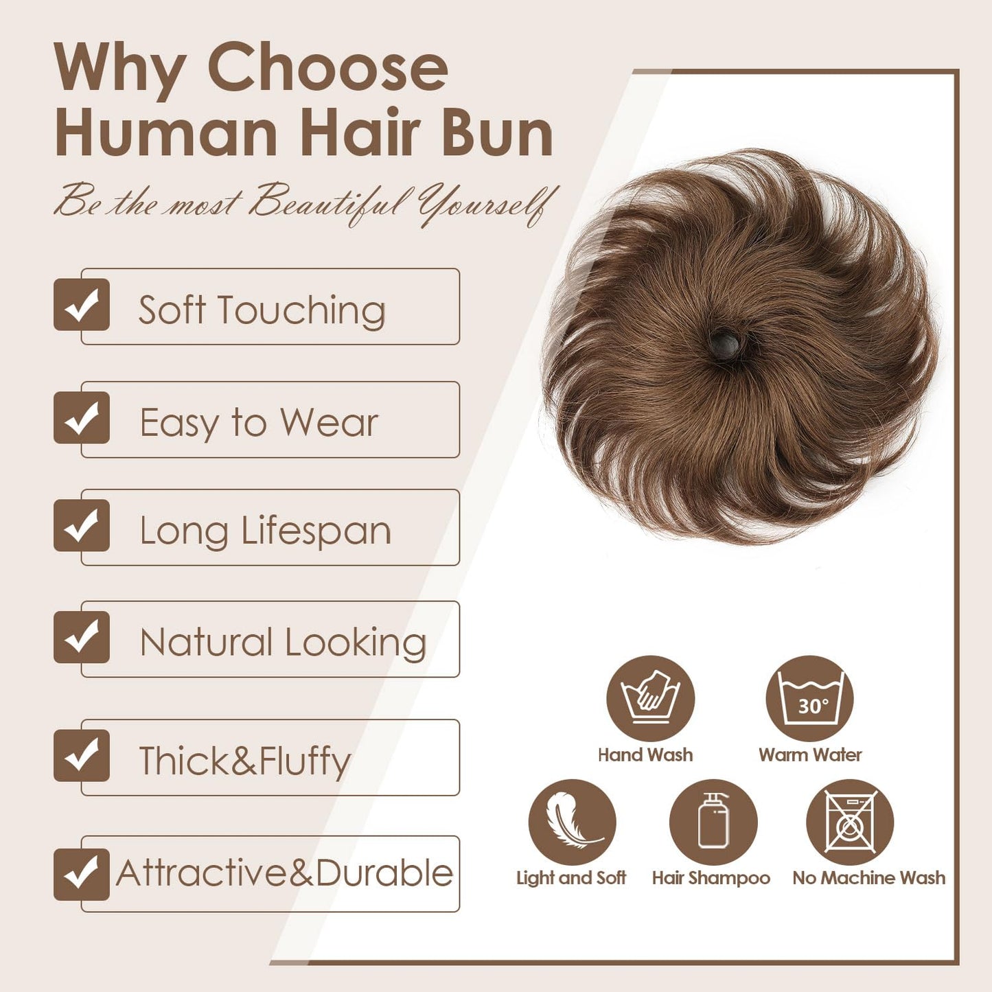 KISANOF Messy Bun Hair Piece Human Hair Chocolate Brown Wavy Tousled Stretchy Fluffy Donut Updo Elastic Rubber Band Messy Bun with Elastic Band(2 Count #4 Medium Brown)