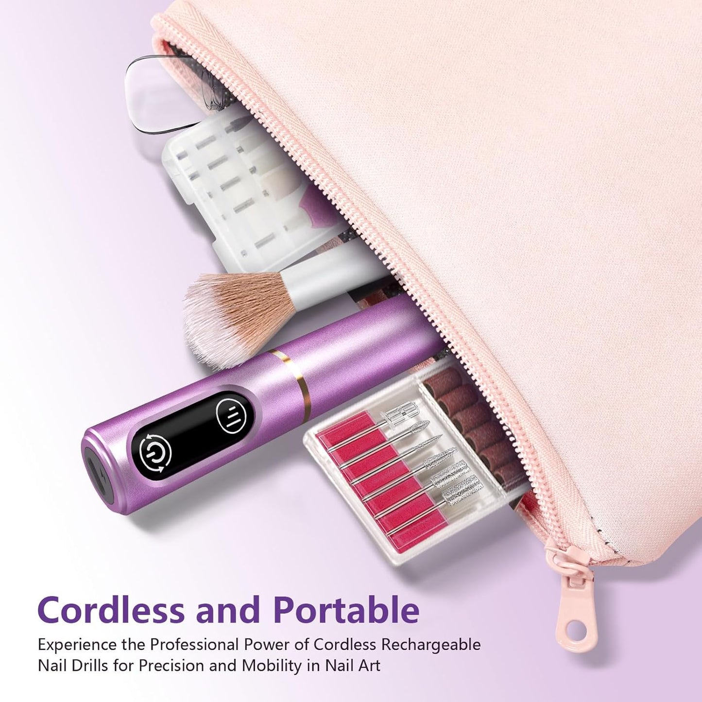 Cordless Nail Drill Electric Nail File Kit - Rechargeable Efile Set | Portable Manicure & Pedicure Tool, 11 Bits, Purple