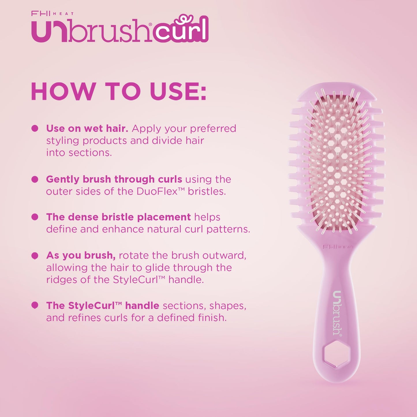 FHI Heat UNbrush Curl Defining Brush — Wavy, Coily, and Curly Hair Brush with DuoFlex Bristles & StyleCurl Handle — for Gentle Detangling & Faster Styling on Wet Hair - Pink Clouds