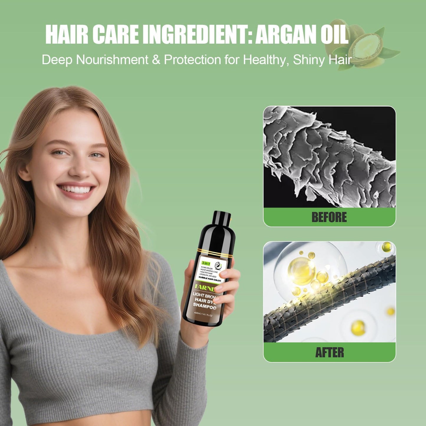 FARNDU Light Brown Hair Dye Shampoo 3 in 1 with Argan Oil – 10-15 Min Gray Coverage, Natural Instant Hair Color Shampoo for Women and Men, Ammonia & Paraben Free, Long-Lasting Up to 6 Months
