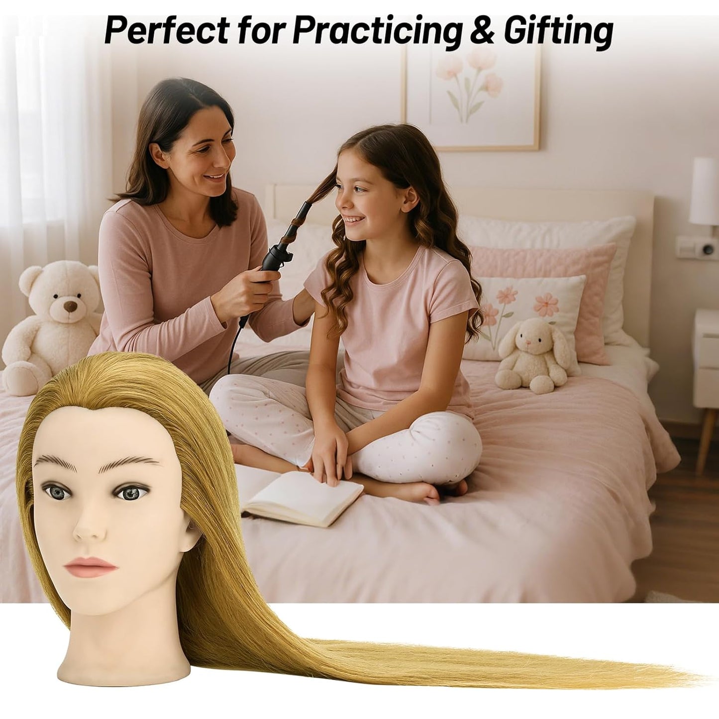 Realistic 24-Inch Female Mannequin Head - 90% Human Hair for Hairdresser Training | Includes Clamp Holder & Tools