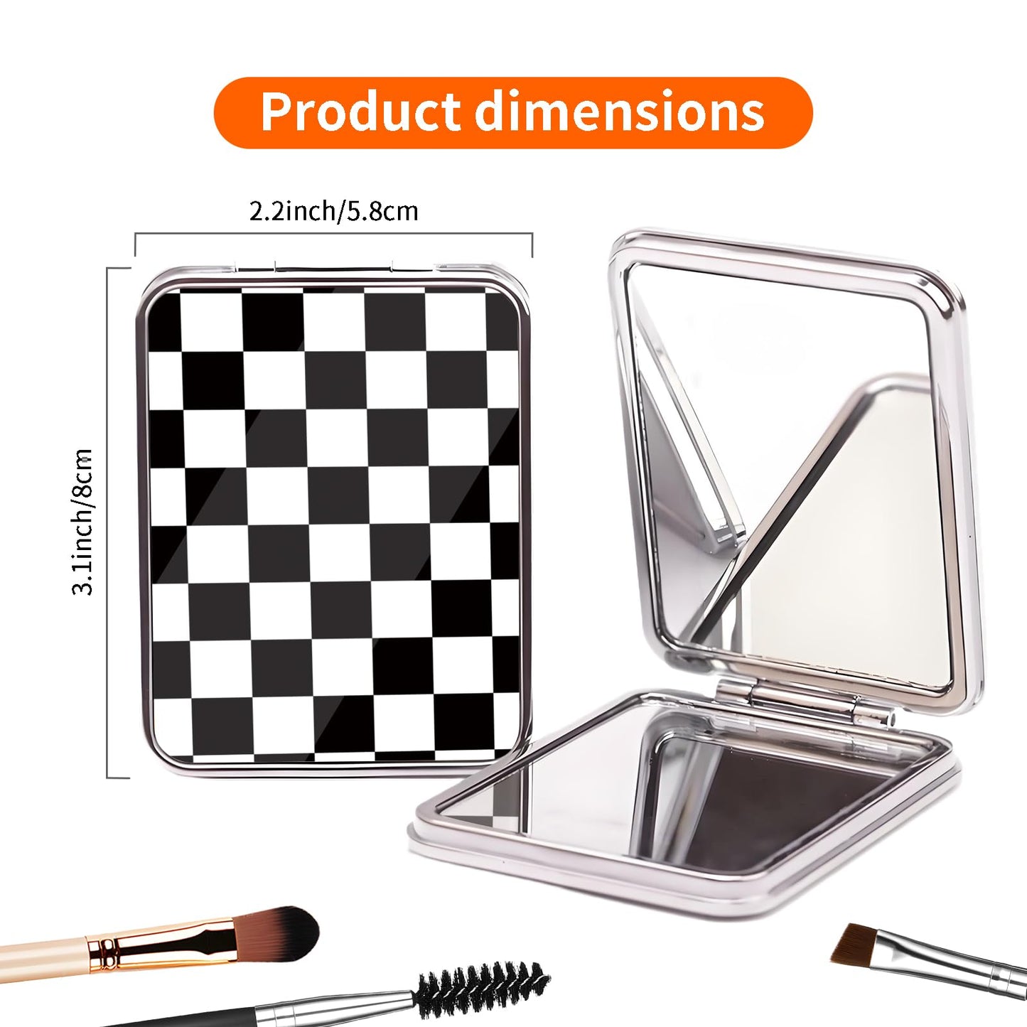 POTYHDC Compact Pocket Mirror, Cute Travel Mini Mirror with Magnification, Foldable Double-Sided Portable Cosmetic Mirror for Men, Women Black White Checkers