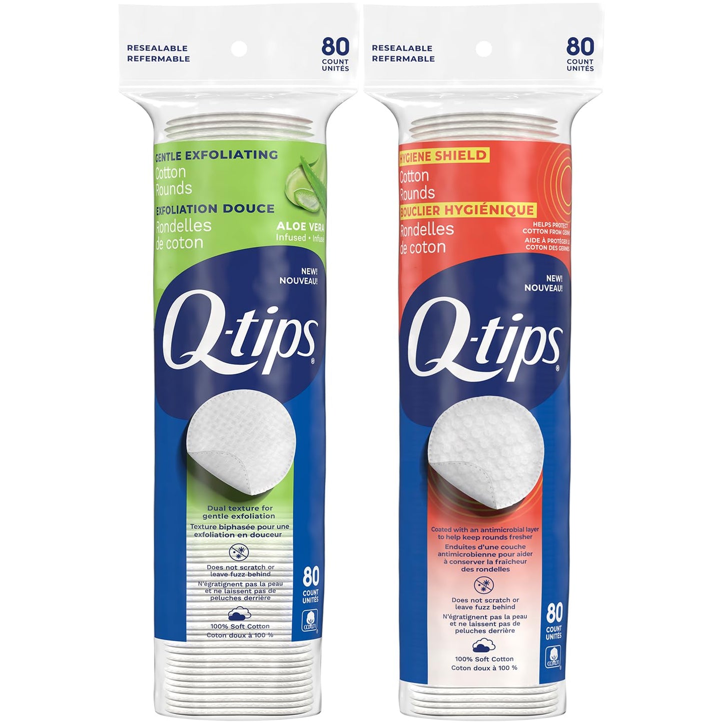 Q-tips Cotton Rounds Bundle (Exfoliating & Hygiene Shield), Soft Lint-Free Makeup Remover Pads, Skin Care and Beauty Use, 100% Cotton, 80 Ct Ea.