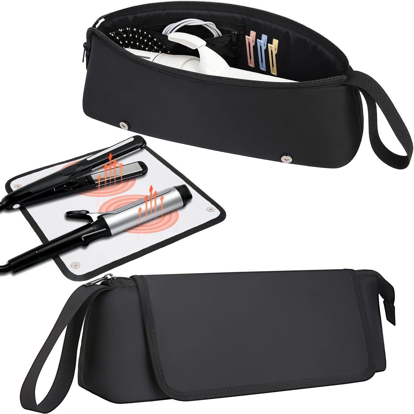 Hair Tools Travel Bag - Heat-Resistant Mat & Large Capacity Organizer for Curling Iron, Flat Iron, Blow Dryer | Portable Travel Case (Midnight)