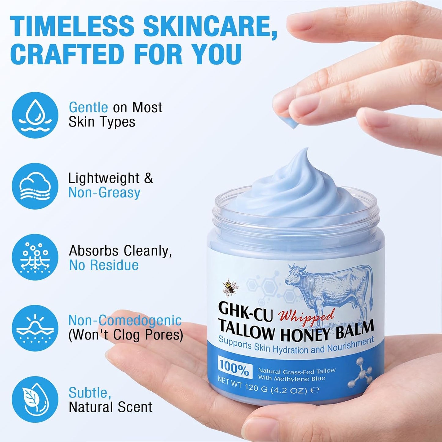 GHK-Cu Copper Peptide Face Cream - Beef Tallow Moisturizer for Dry Skin | 120g