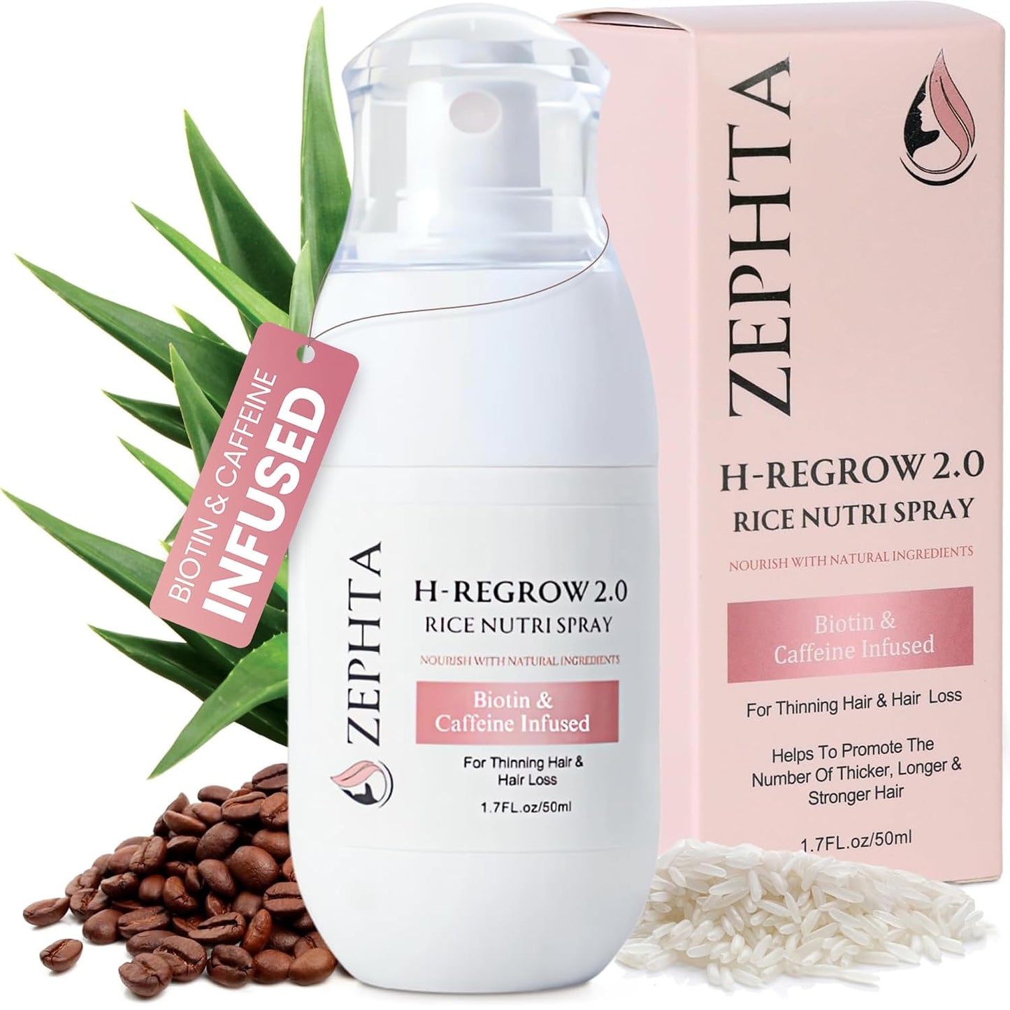 Zephta Hair Growth Spray - Rice Water, Biotin & Aloe Vera Formula for Thinning Hair | Unisex Solution